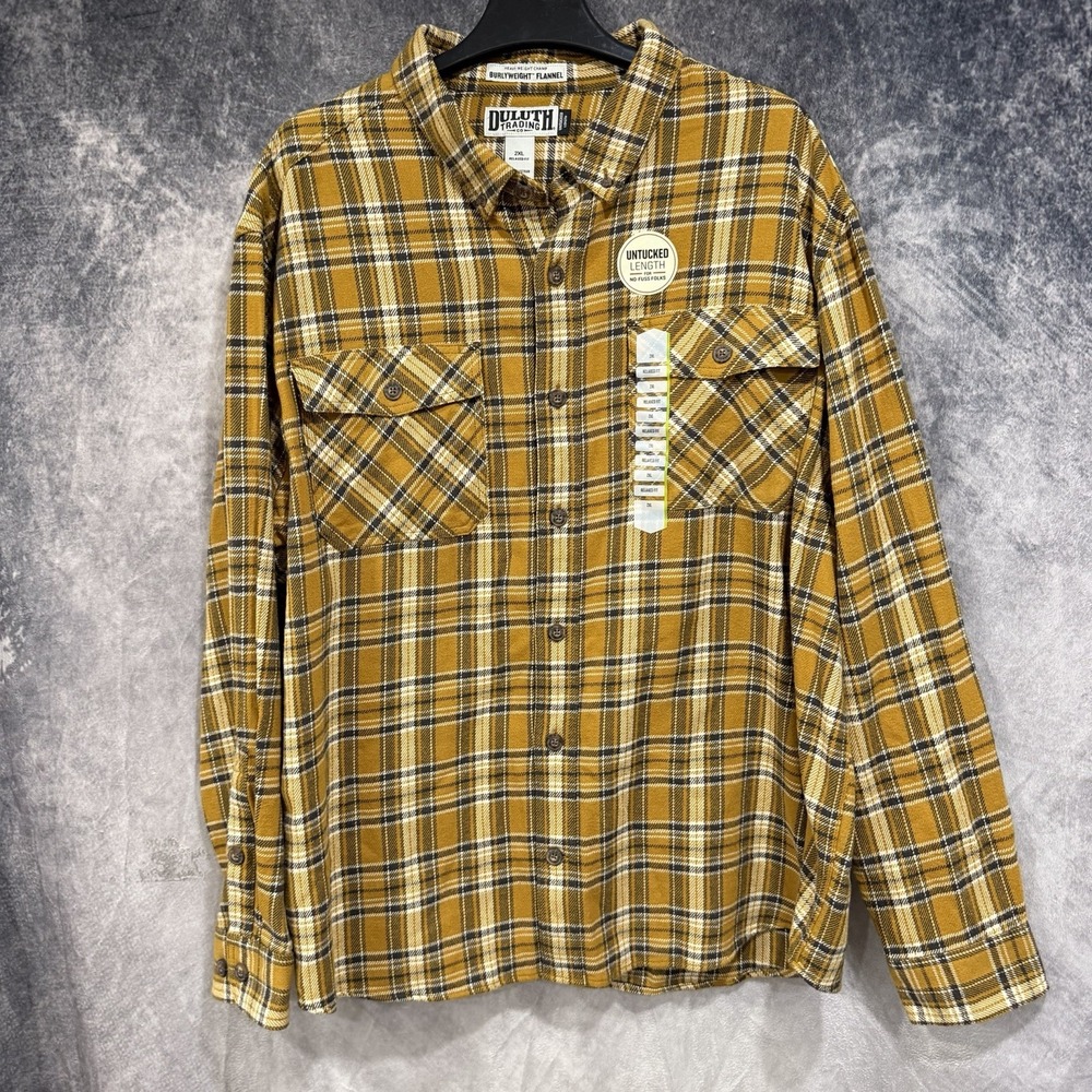 Duluth Trading Men's 2XL Burlyweight Flannel Shirt Mustard Plaid Untucked NWT